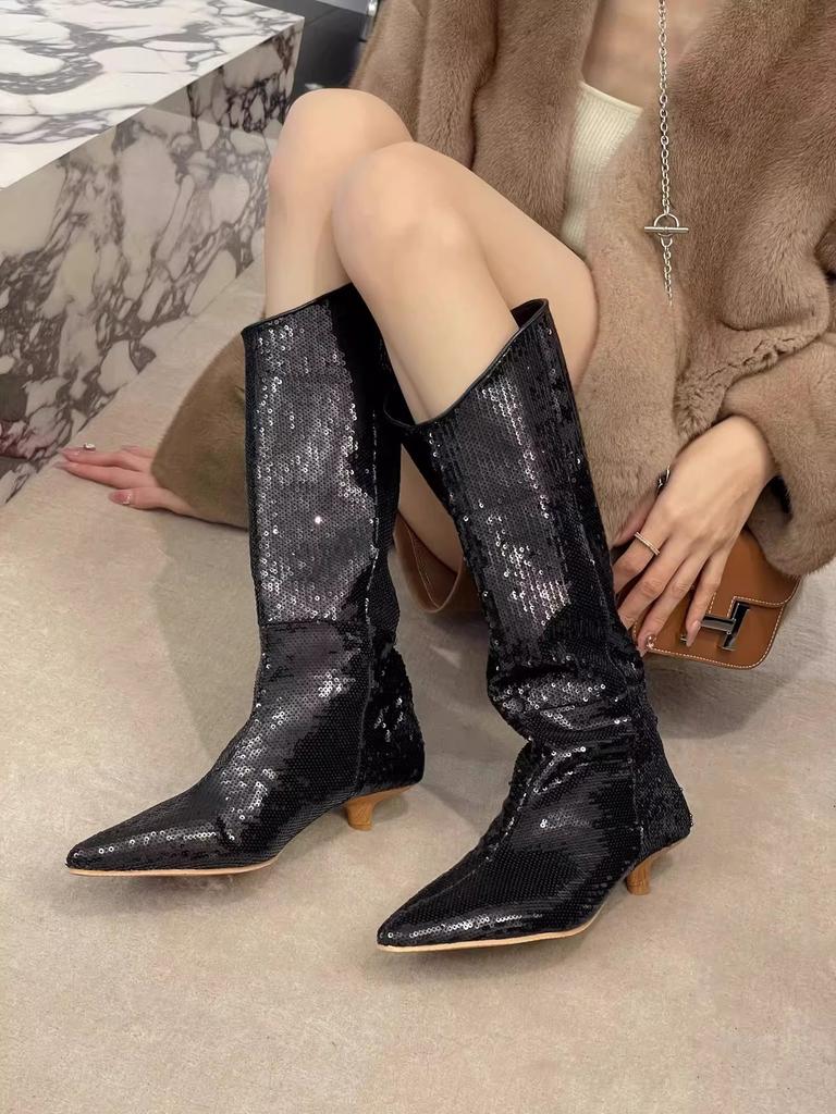 Vintage pointed boots children's season premium sense sequins cat and tall boots knight boots