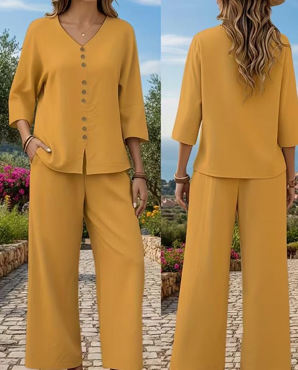 2025 Elegant Solid Color Top and Pants Set with Button Details