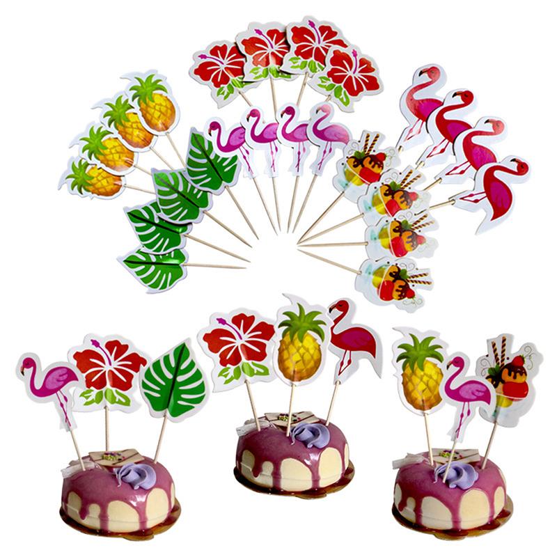 24Pcs Luau Cupcake Toppers Hawaiian Toothpicks With Flamingo Pineapple Palm Leaves Shape Picks Tropical Summer Beach Party Decor