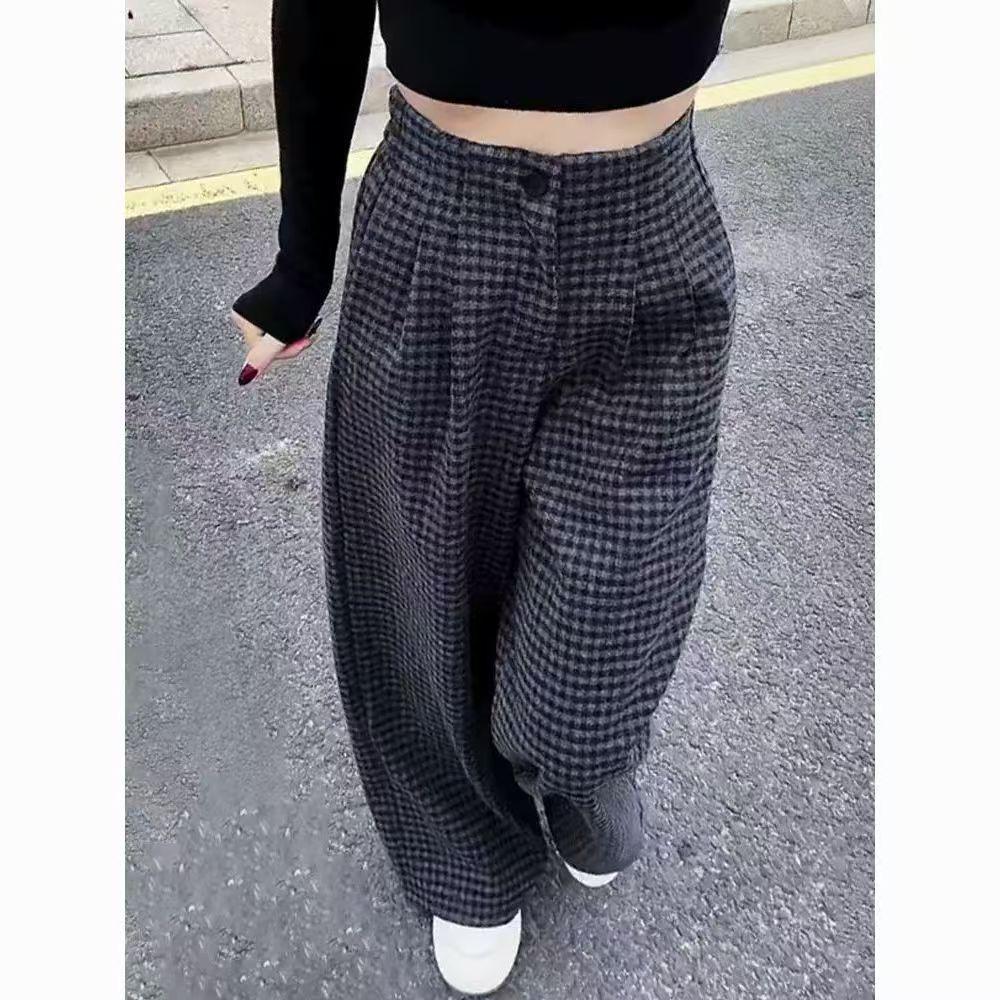 

Women s Black & Grey Plaid High-Waist Wide-Leg Pants: Autumn/Winter 2025, Slimming & Versatile XL серый/чёрный