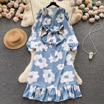 Fashion Flower Print Women Dress  Autumn Elegant Vintage Bandage Long Maxi Dress Ruffled Hem Party Vestidos