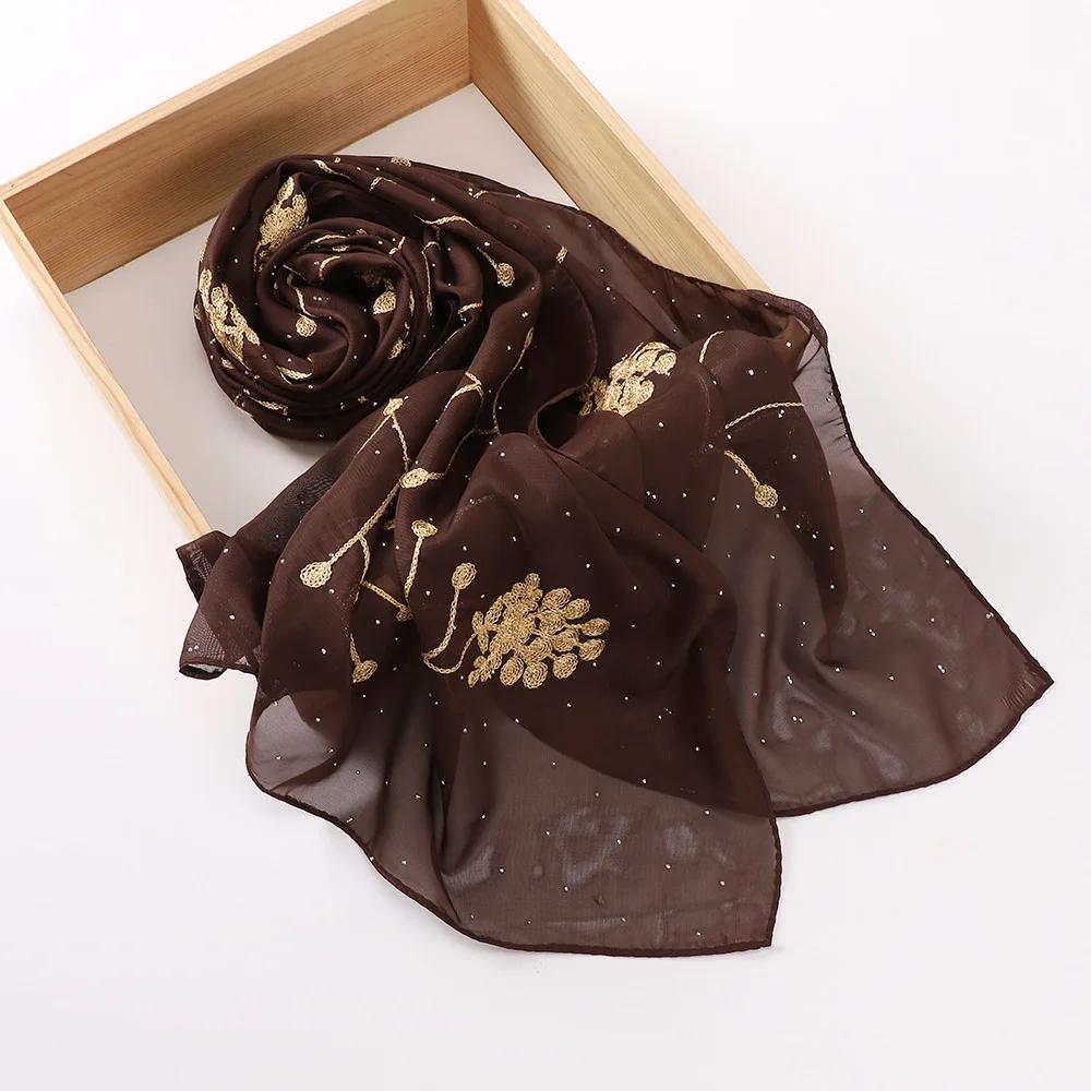 Embroidered Diamond Chiffon Scarf Hijabs For Woman Turban Shawls Scarves Head Scarf Headwraps For Women Turban Femme Bandana