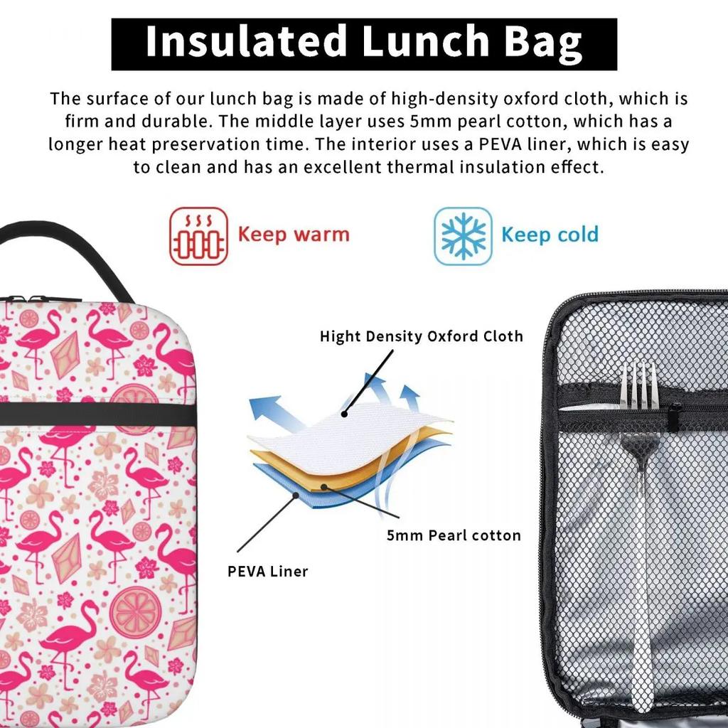 Pink Flamingo Summer Vibes Flamingos Pattern Portable Lunch Boxes Cooler Thermal Food Insulated Lunch Bag Kids School Children