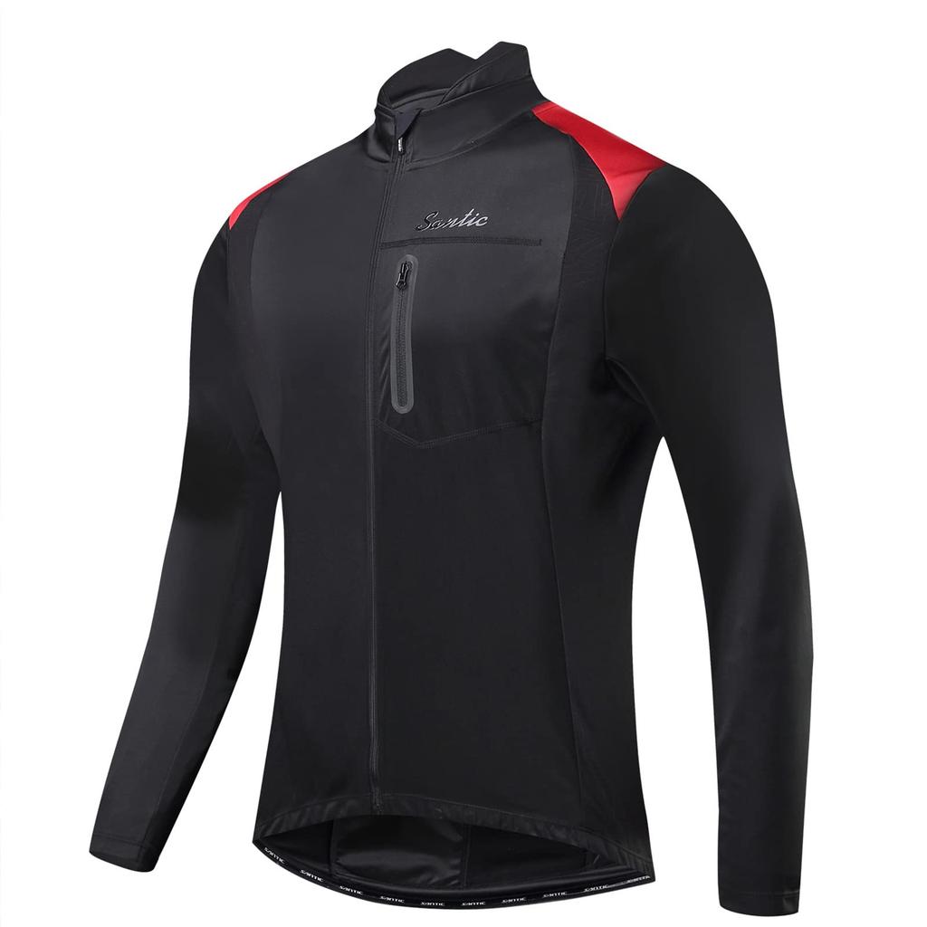 Santic Men's Long Sleeve Cycling Jersey, Windbreaker Jacket, Windproof and Cold-Resistant for Fall and Winter, Black/Red, Size L