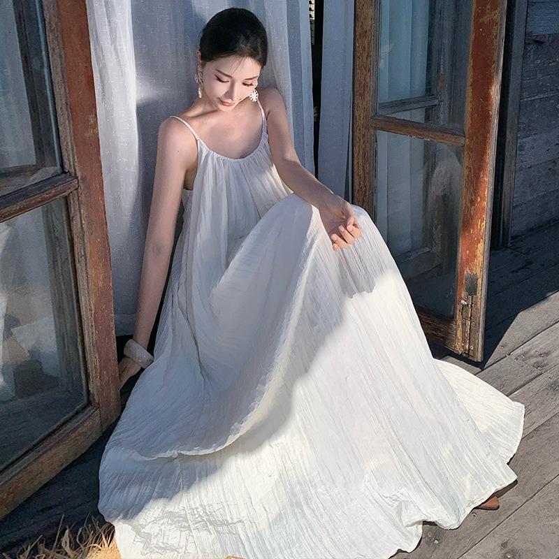Summer Island Wear Seaside Vacation Suspender Muse Skirt Large Size Sleeveless Halter Dress White Loose Long Dress