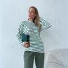 Women's Casual Long Sleeve Striped Round Neck Cotton Top for Spring Fashion Versatile T-shirt America and Europe