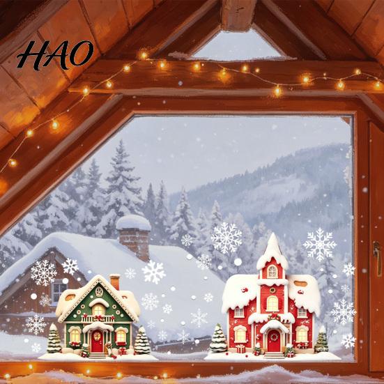 Christmas Window Clings Cabin Static Glass Stickers, PVC Snow House Windows Decals for Holiday Home Wall Stickers Decor, Reusable Waterproof Seasonal