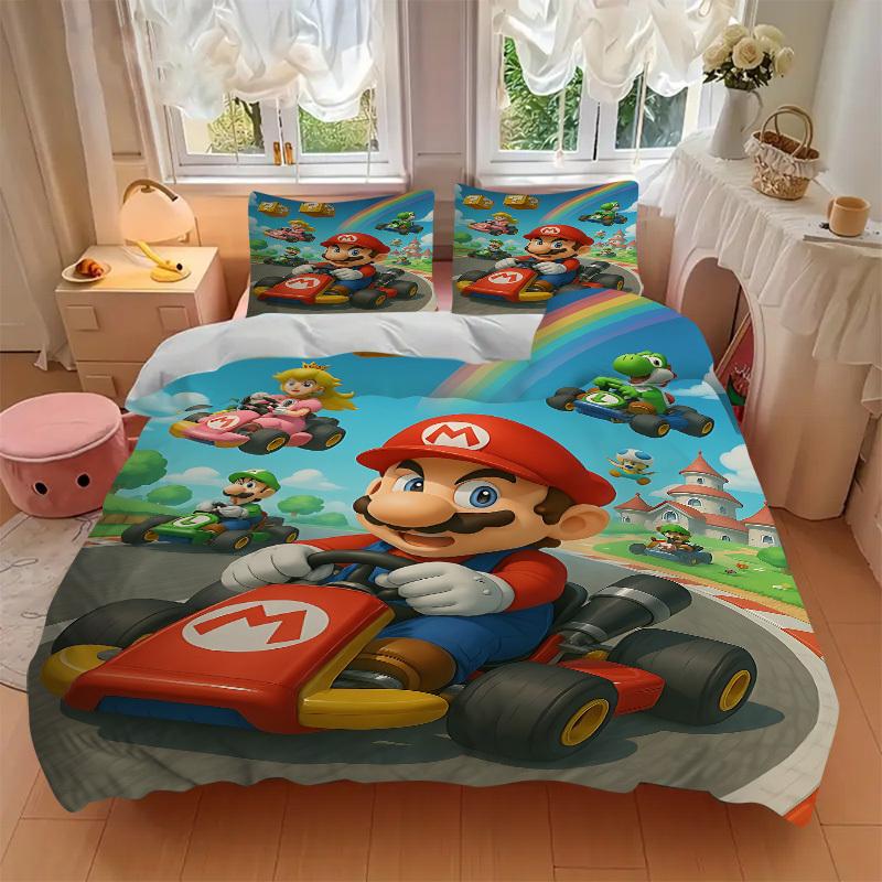 3pcs bedding set Mario Kart Rainbow Includes 1 Comforter + 2 Pillowcases, Without Pillow Inserts, Soft Comfortable, Lightweight Breathable,