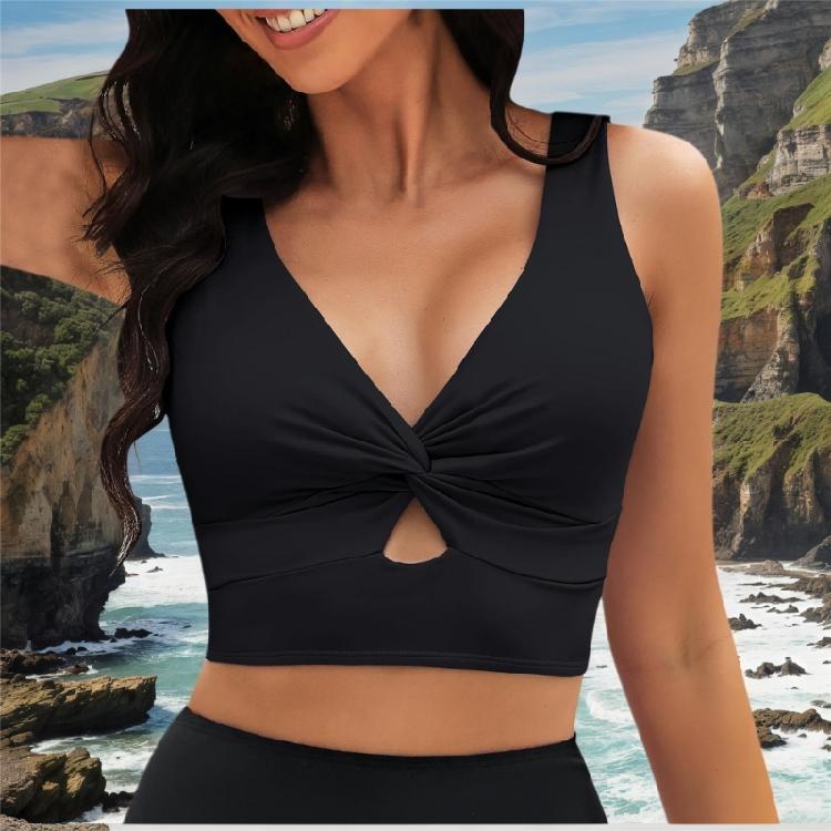 Stilvolles Badeshirt Saisonale Wassersportbekleidung Einfarbiges kurzes Oberteil Verdrehte Vorderseite Atmungsaktives Gewebe für Damen