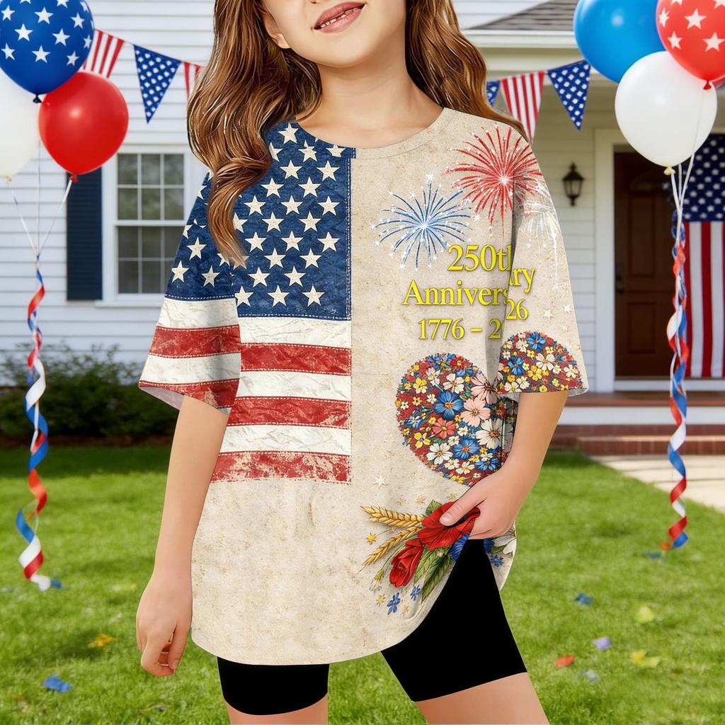 Kids Independence Day Print Round Neck Short Sleeve Casual T-shirt
