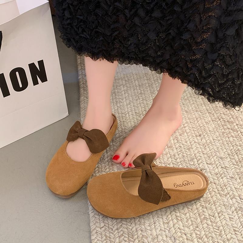 Fashion Spring New Baotou Slippers Women's Round Head Shallow Mouth Suede Butterfly Knot Soft Sole Anti-slip Wear-resistant Flat Shoes