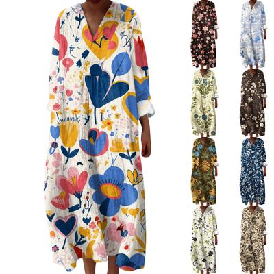 Γυναικείο Καθημερινό και Μοντέρνο Φόρεμα με V Λαιμόκοψη και Φλοράλ Μοτίβο Μακρυμάνικο Φόρεμα