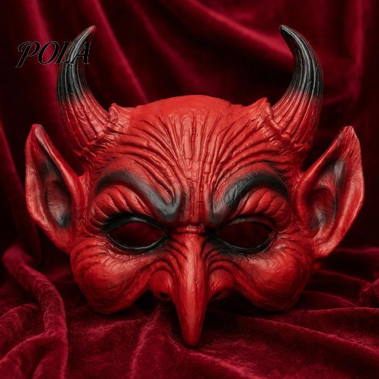 Detailed Devil Cosplay Prop Scary Halloween Demon Foam Masque for Adults, Red Half Realistic Texture Face Masquerade Accessories with Horn Costume