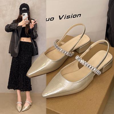 One Word with Rhinestone Sandals Women's Summer New Bag Head Half Drag Thick Heel Shoes Pointed Single Shoes Women's Outer Wear