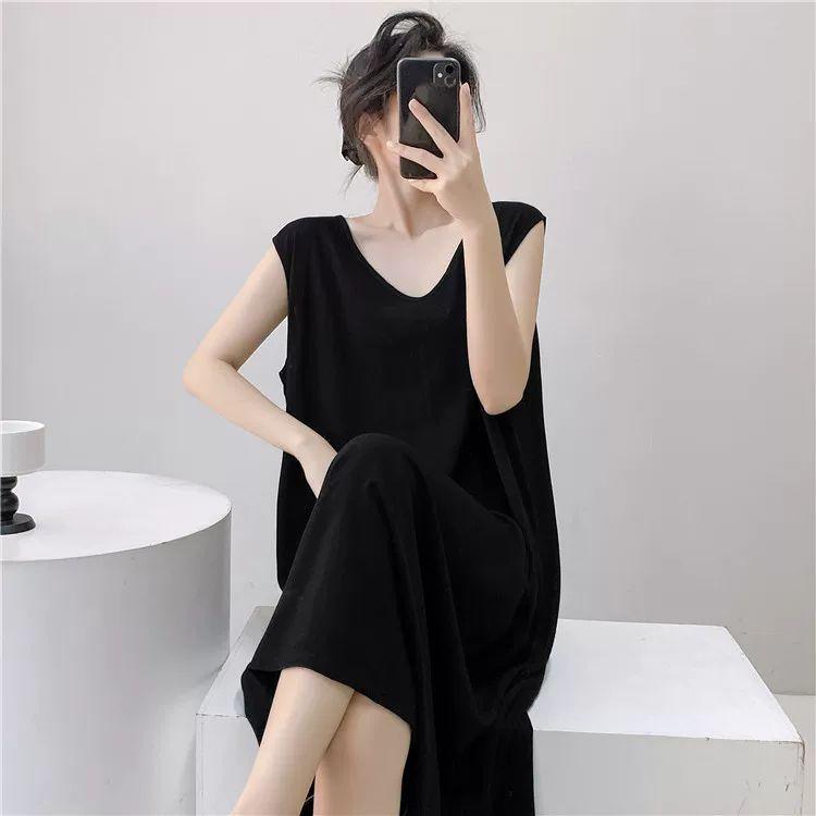 Large Size Loose Long Nightgown Simple Lazy Style Printed Sleeveless Tank Dress Sexy V-Neck V-Back Home Clothes Loungewear