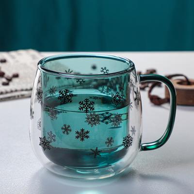 Tasse en Verre Ménagère avec Poignée Flocon de Neige Transparent Double Paroi Anti-brûlure Tasse à Café Tasse à Lait