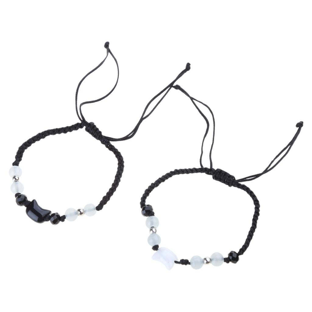 Set of 2 Cat Pendant Handchain Handcrafted Matching Bracelets with Shell Embellishments Handwoven Couples Wristchain