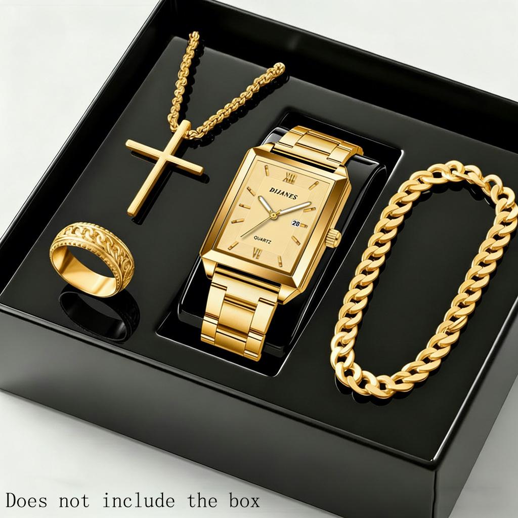 4pcs/set Men'S Fashion Watch, Necklace, Ring, Bracelet Set | Square Dial, Men's Casual Watch Quartz Watch for Men
