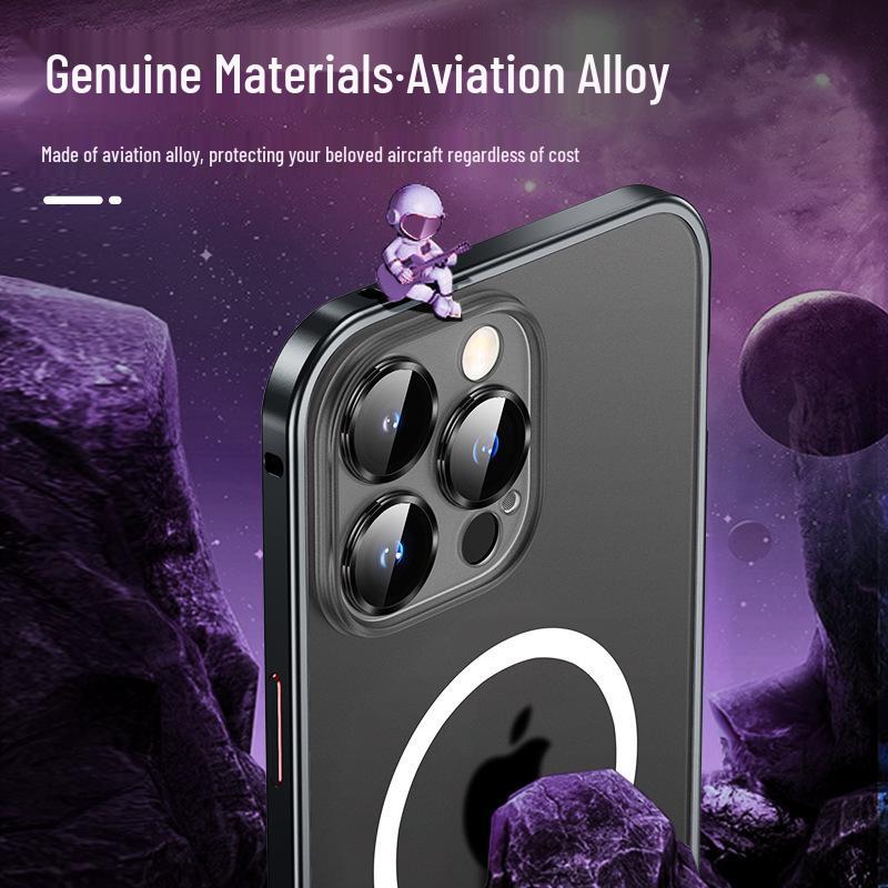 Cross13 Magnetic Metal Frame Phone Case with Lens Protection for Apple 14 - Drop-proof, Frosted, Semi-transparent, Creative Design.