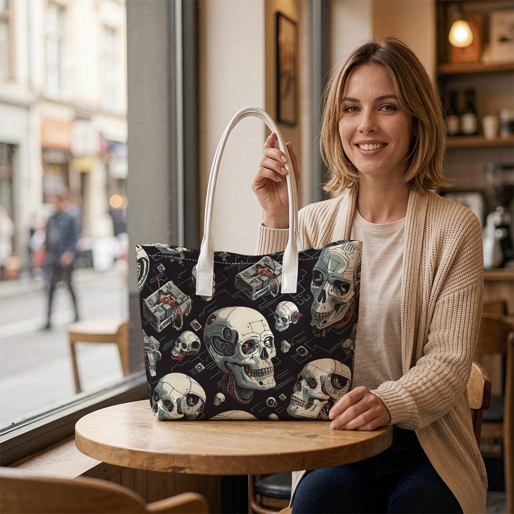 Cyberpunk Skull Pattern Tote Bag Fashionable Daily Use Shoulder Bag Casual Portable Outdoor Handbag