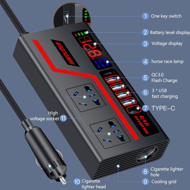 1 Piece Auto Accessories Usb Chargers Voltage Display Car Inverter Car Socket Usb Fast Charging 200W Qc 3.0 Power Adapter