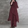 Damen Unregelmäßiges Asymmetrisches Leinen Zweiteiliges Outfit Kurzarm Lockeres Tunika Oberteil Weite Hosen Lässiges Sommer Kombinationsset