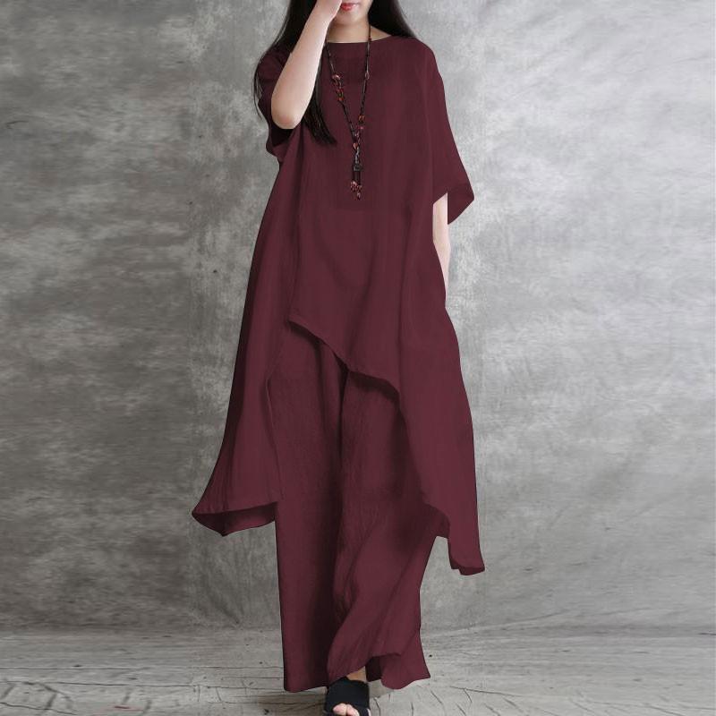 Damen Unregelmäßiges Asymmetrisches Leinen Zweiteiliges Outfit Kurzarm Lockeres Tunika Oberteil Weite Hosen Lässiges Sommer Kombinationsset