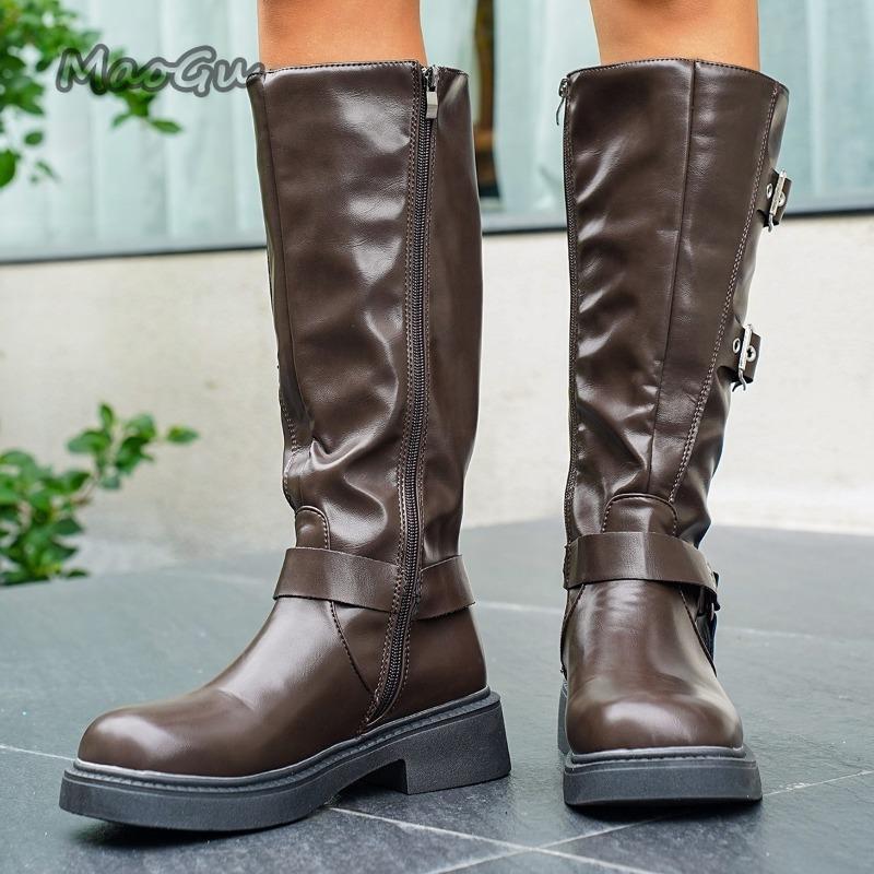 Fashion Soft PU Leather Women's Autumn Black Brown Long Boots Side Zip Belt Buckle Ladies Fashion Knee-High Bottes Femmes Western Style