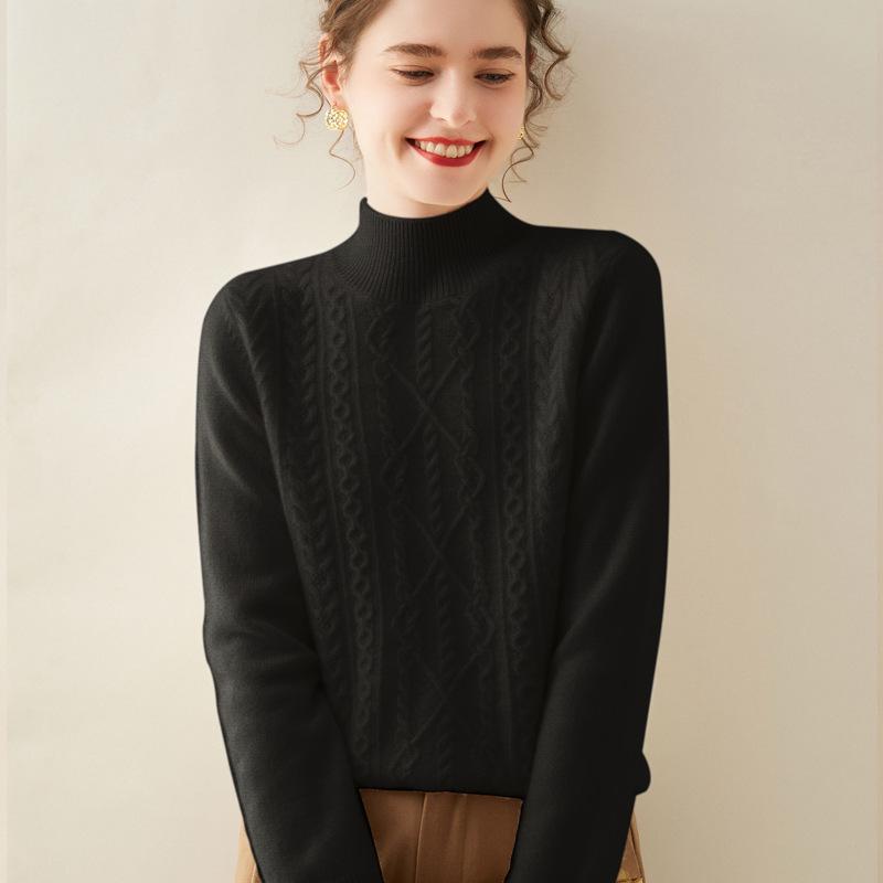Women's Thick Diamond Pattern Cashmere Sweater - Half-High Neck, Gentle Style, Warm Loose Fit, Short Knitwear for Autumn and Winter