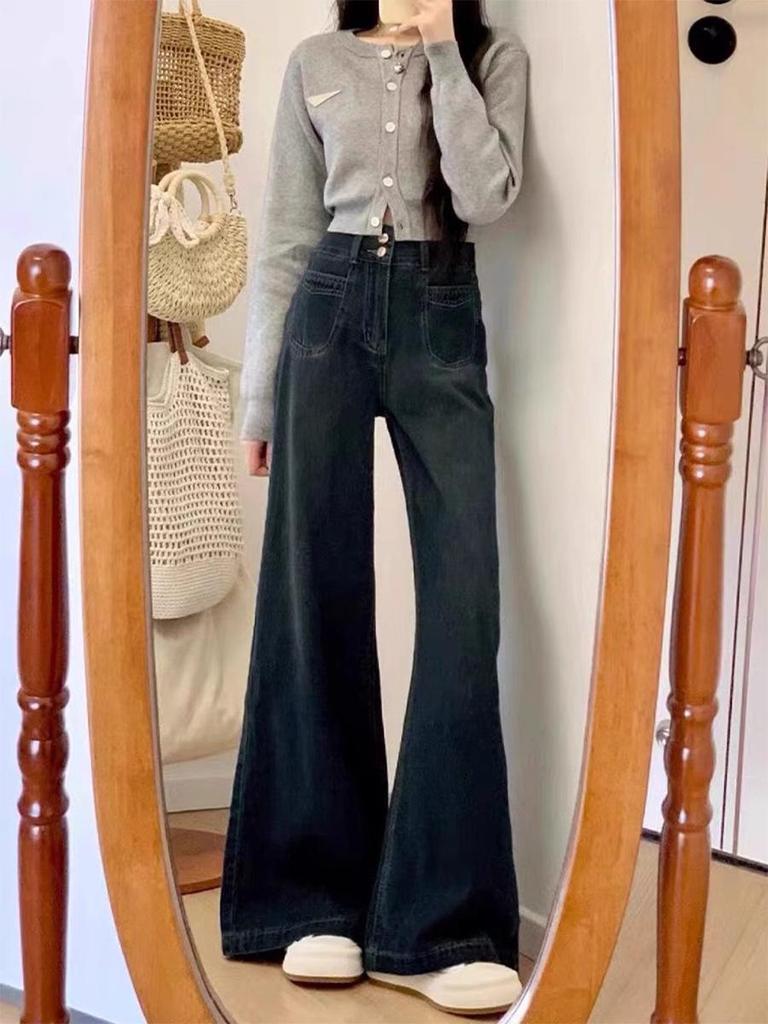 Plus Size Retro High-Waist Wide-Leg Jeans for Women - Slimming, Loose Fit, Floor-Length for Pear-Shaped Body, Spring/Autumn.