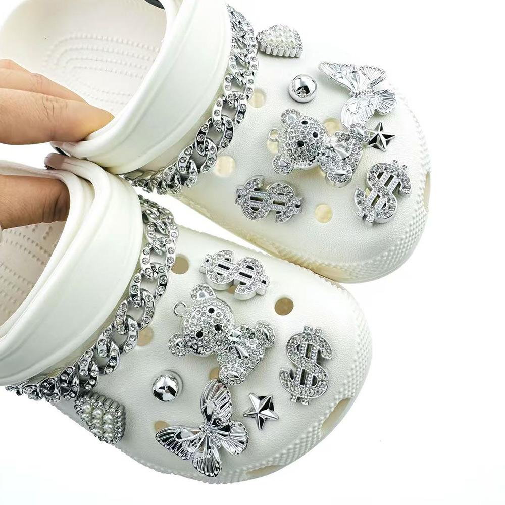 16PCS Fashion Shoe Charms Set Silver Diamond Bear Butterfly Chain Shoe Decorations Buckle for Sandals Clogs DIY Accessories Gift