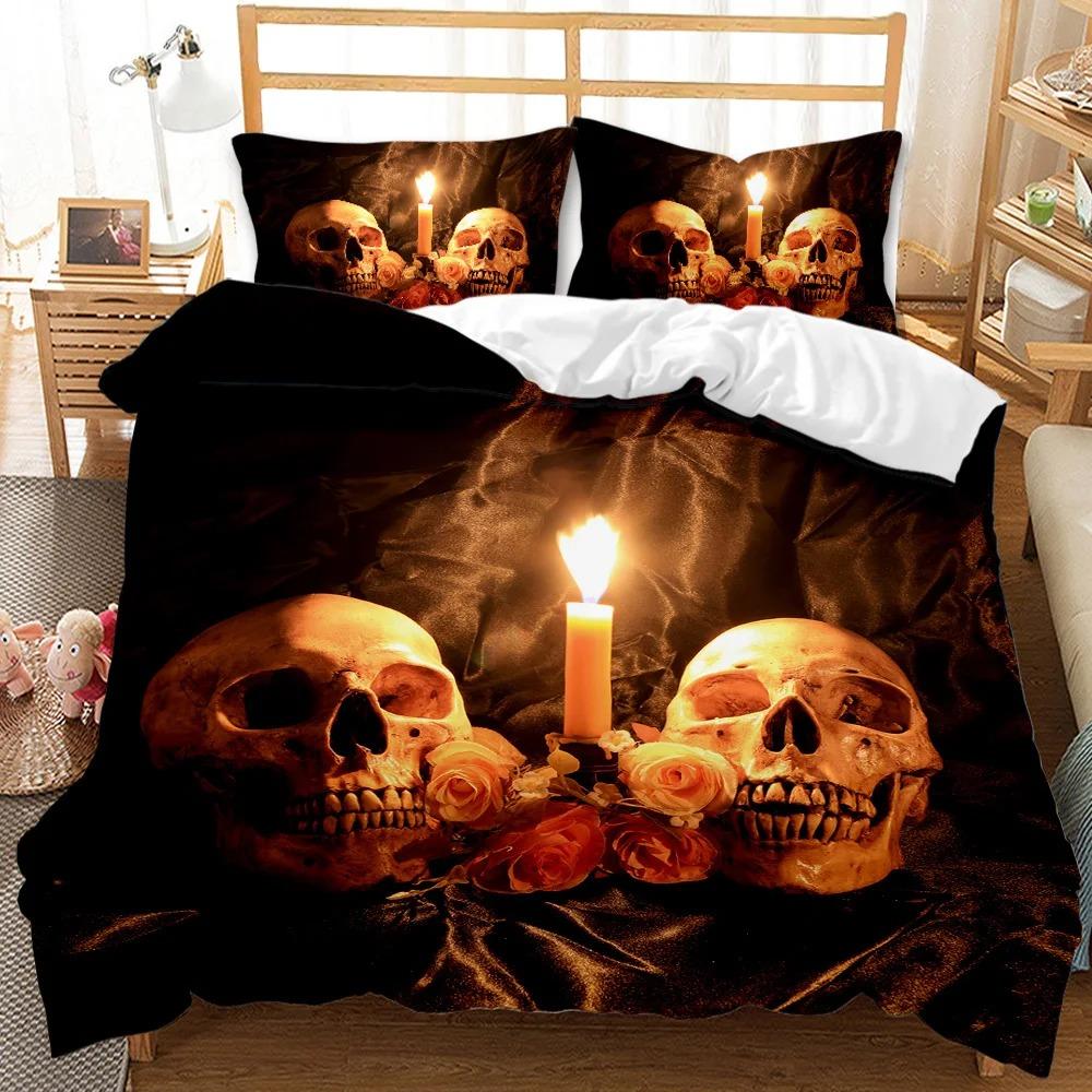 Skull Duvet Cover 3D Skeleton Floral Skull Pattern Printed Bedding Duvet Cover, Lightweight Microfiber Gothic Bedding Queen Size