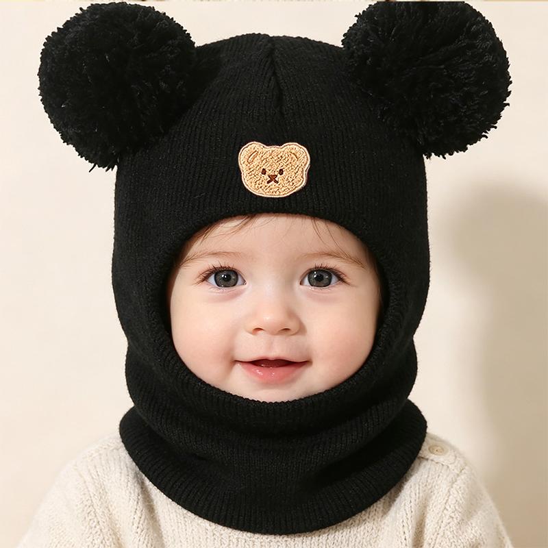 Xiaomi 1 Stück Süßer Bär Bommel Baby Strick Sturmhaube Mütze, Winddicht Ohrenschutz Säugling Mütze für Herbst Winter Täglich Outdoor 0-3Y schwarz
