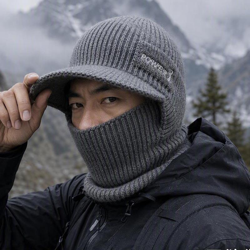 Winter men's integrated knitted hat with brim scarf face protection pullover hat outdoor cycling warm middle-aged and elderly wool hat