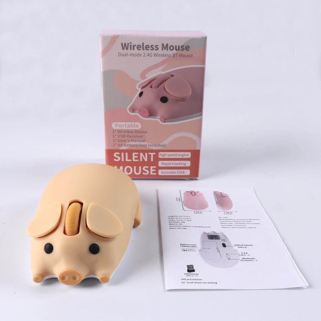 Wireless Bluetooth and USB Cute Pig Medium Compatible with Microsoft and Yellow Mouse, 2.4GHz Compatible, Design, Size, Quiet, Battery-Operated, iOS,