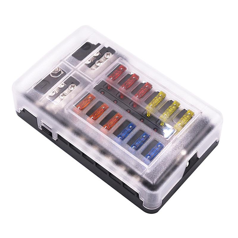 Car Boat Fuse Box Holder with 12 Ways Blade Fuse Holder Block & Warning Indicator 12V 32V Power Distribution Panel Board