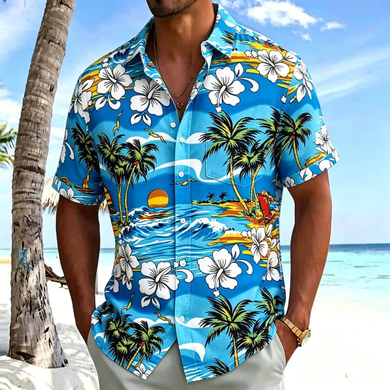 Men's Classic Vacation Style Printed Shirt, Short Sleeved Shirt With Pockets, Holiday Beach Vacation Personalized Top