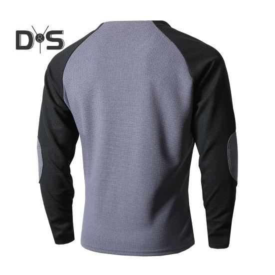 Frühlings- und Herbstoberteil für Herren, normale Passform, Farbblock-Langarm-T-Shirt, geknöpfter Rundhalsausschnitt, Patch-Dekor, lässiges Sport-Party-T-Shirt