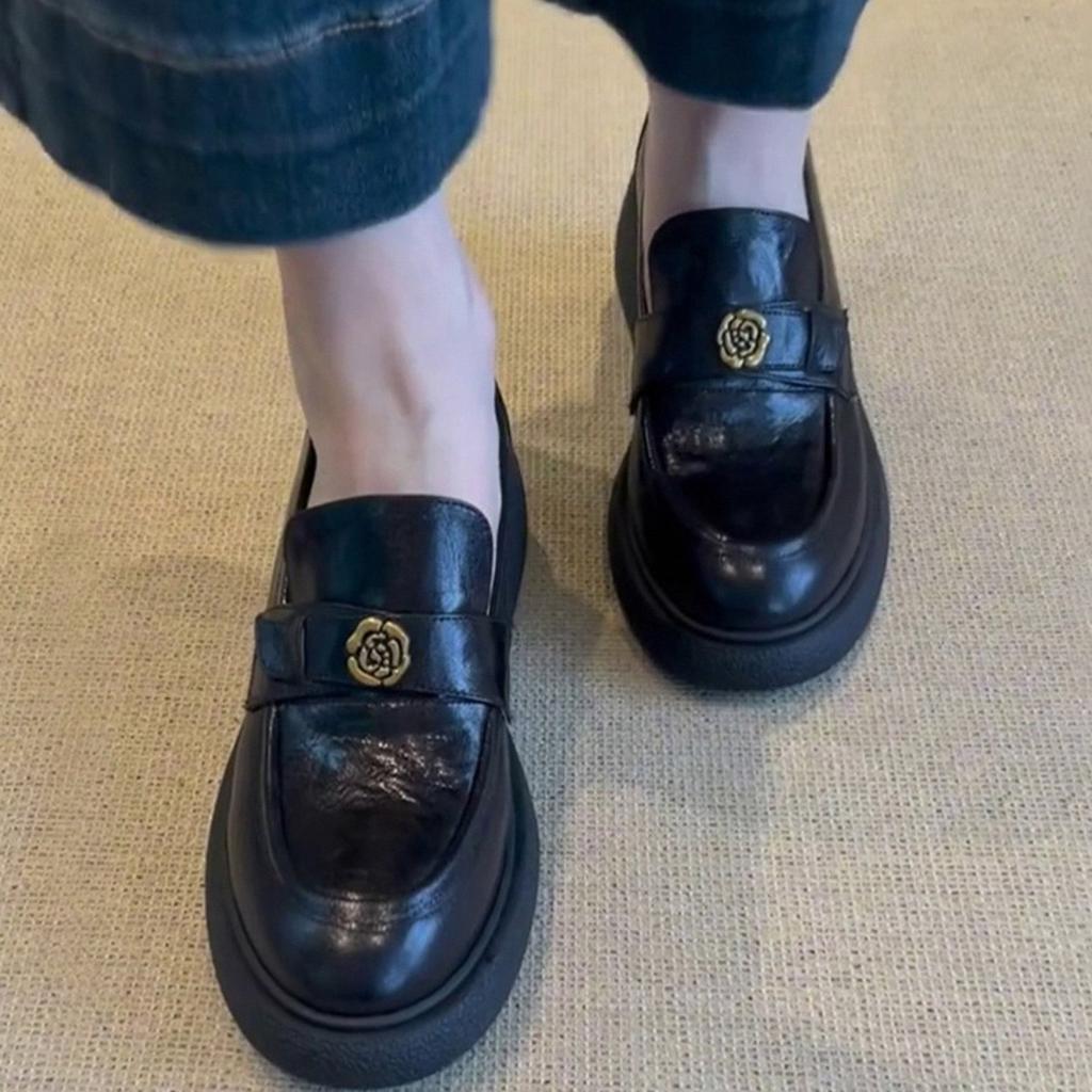 Cowhide~ Camellia platform loafers women's 2025 new leather retro single shoes one-pedal British small leather shoes
