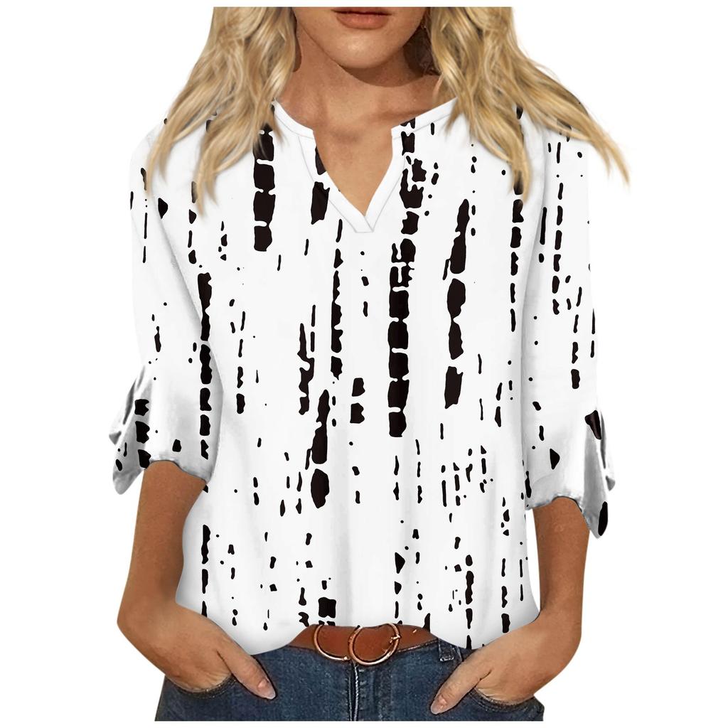 Women's Top Loose Casual V-neck Printed Blouses Bell 3/4 Sleeve T-shirt
