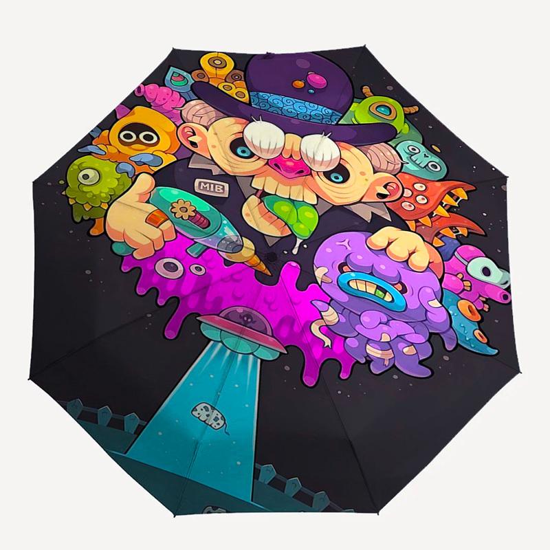 1pc Alien Invasion Automatic Opening/Closing Outdoor Umbrella with MIB Agent Design - Portable 3-Fold Folding Umbrella with 8-Rib Iron Frame, Per