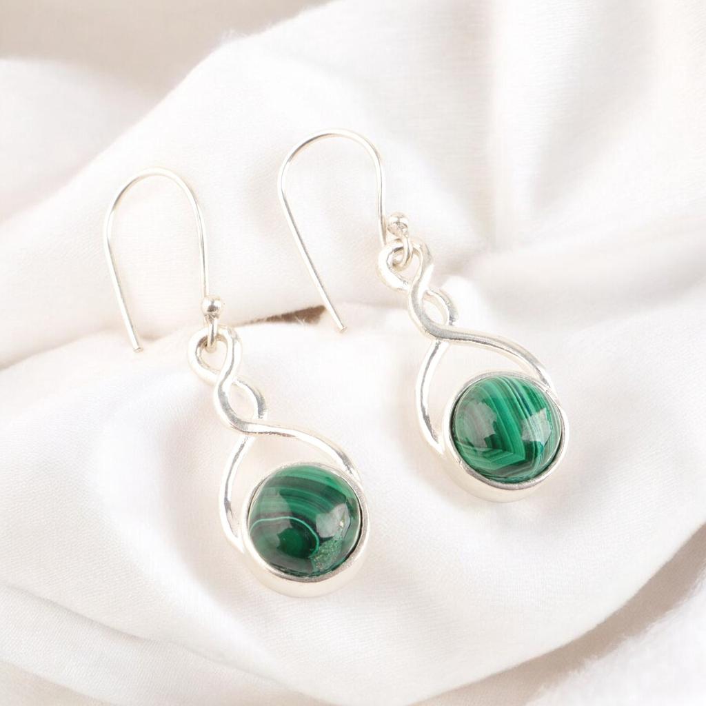 Natural Green Malachite Gemstone 925 Sterling Silver Handmade Dangle Earrings CE-15-27