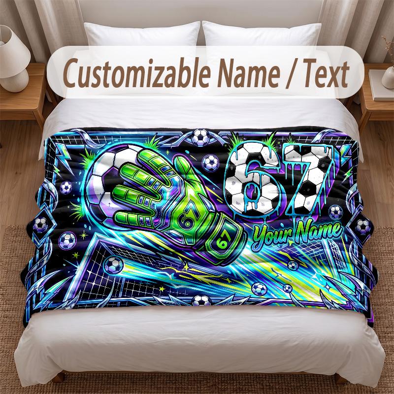 Soccer Theme Soft Blanket Personalized Custom Name Text Print Warm Blanket Home Sofa Bedroom Decor