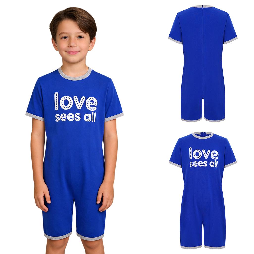 Mono Adaptativo para Niños con Necesidades Especiales Antidesgarro Trasero Cremallera Invisible Manga Corta Estampado de Letras Ribete de Contraste Mono para Niños Niñas