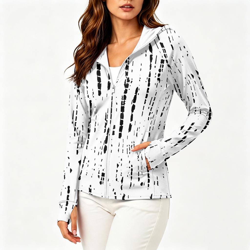 Women Lightweight Zip Up Hooded Jacket with Pockets Long Sleeve Sun Protection Printed Outerwear