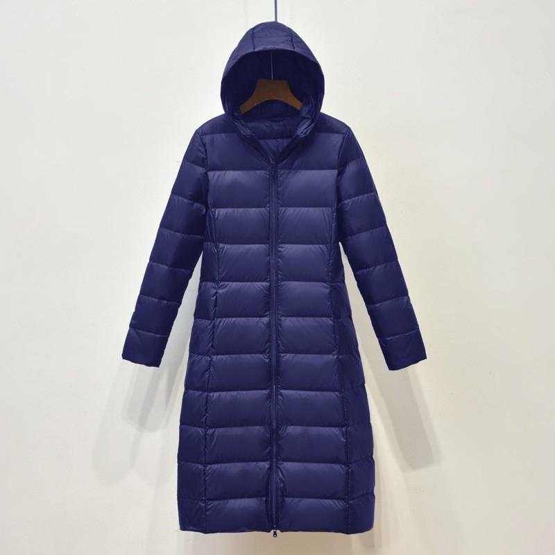 Womens Lightweight Long Down Coat With Hood Slim Fit Knee-Length Duck Jacket Winter