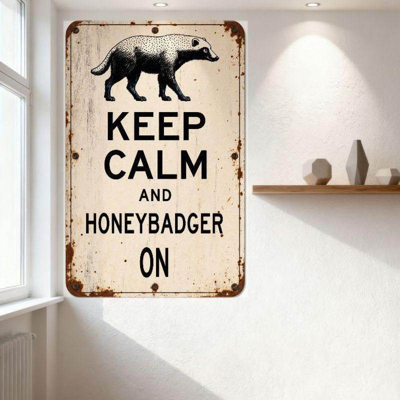 Vintage Distressed Keep Calm and Honeybadger On Metallblechschild - Rustikale Heimbar Man Cave Dekoration mit Honigdachs-Illustration
