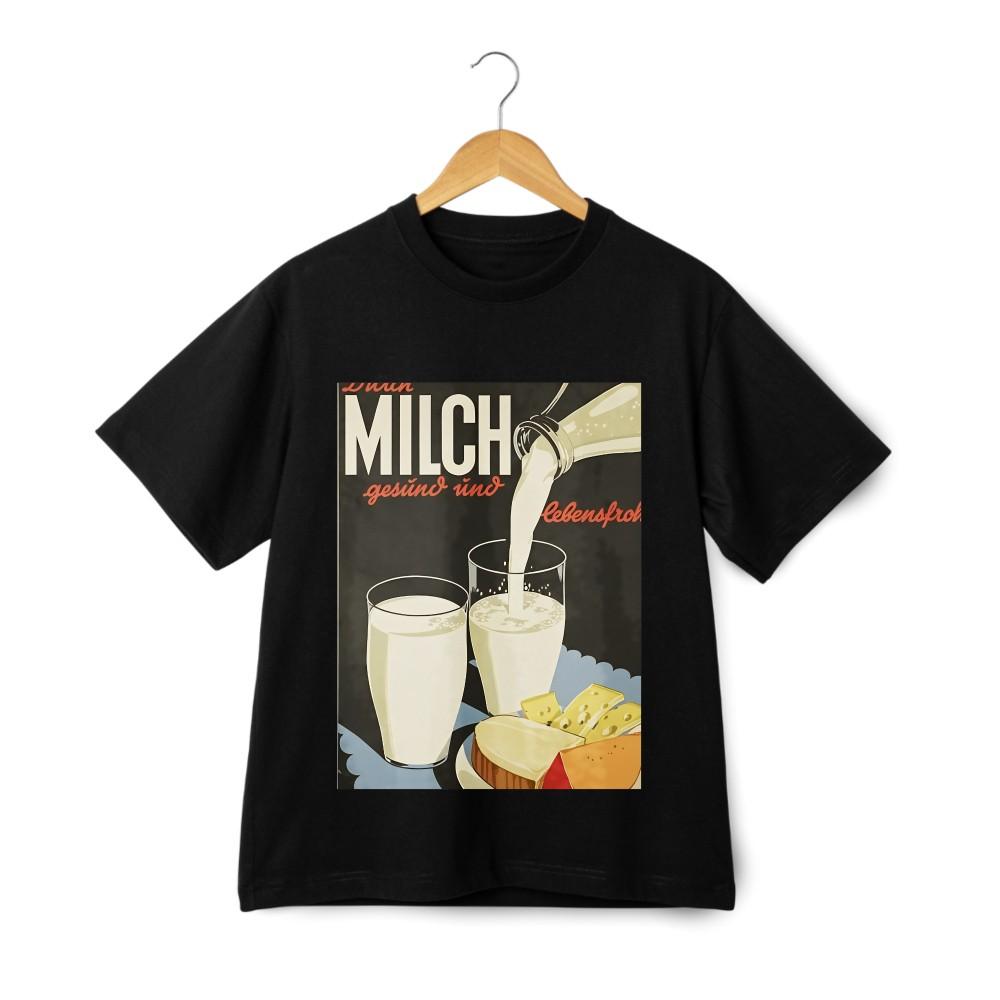 

Vintage MilkandCheese Themed Printed Tee,European Nostalgic Style Short-sleeve Top M