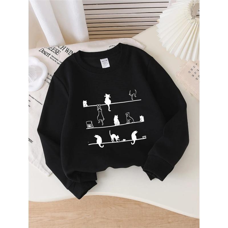 European sizes Crewneck Sweatshirt for Kids Featuring Black And White Cats on Lines,Soft And Comfy Sportswear Is Perfect for Casual Outings