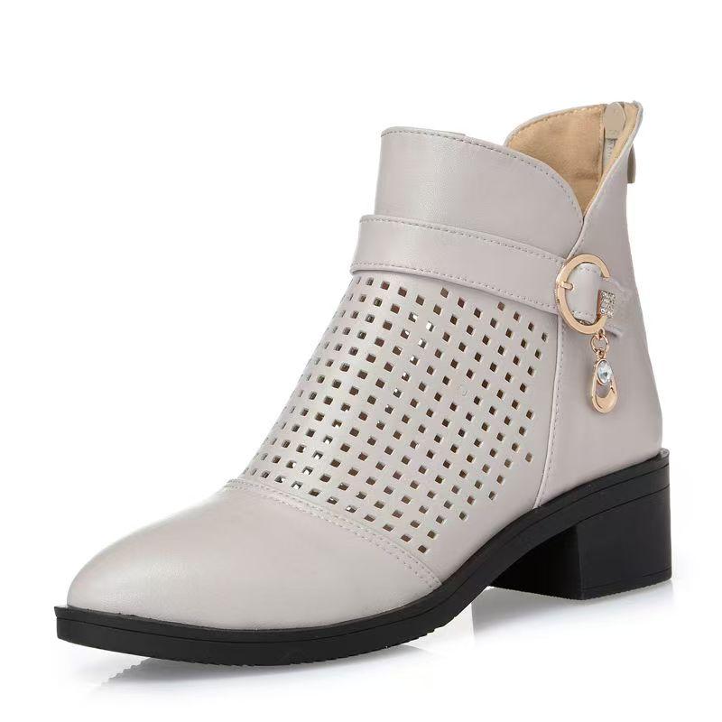 Women Genuine Leather Hollow Out Ankle Boot Spring Summer High Quality Block Heel Big Size Round Toe High Top Zippers Cool Boots
